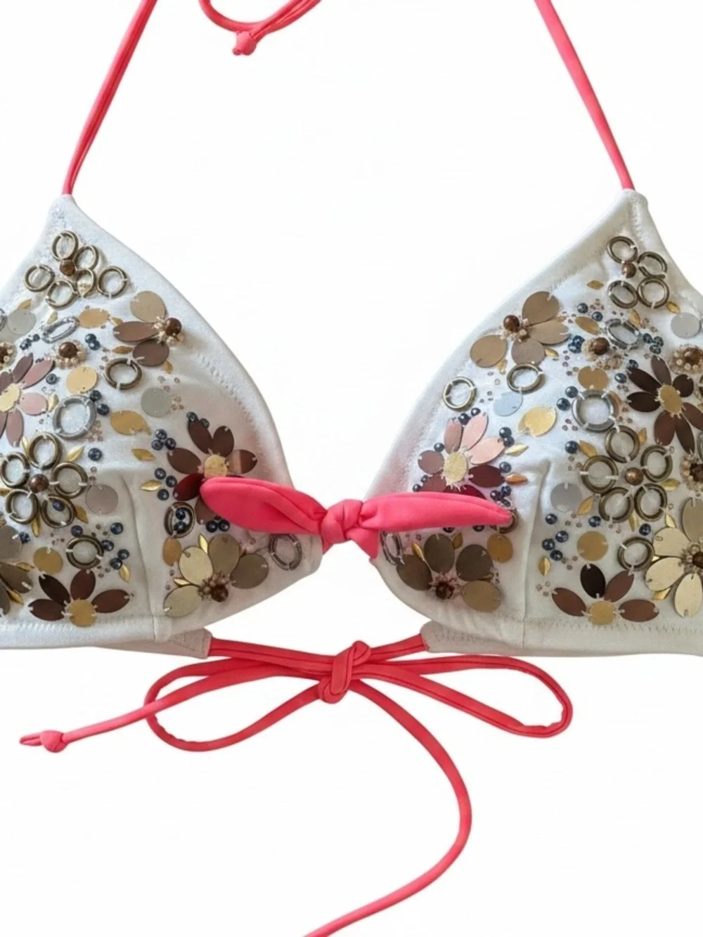 VICTORIAS SECRET STRING BIKINI TOP GOLD FLORAL EMBELLISHED HALTER SWIMWEAR SZ L
